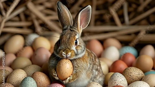 Rabbit with a chicken egg in its paws. Easter bunny and eggs. Spring and religious holiday.