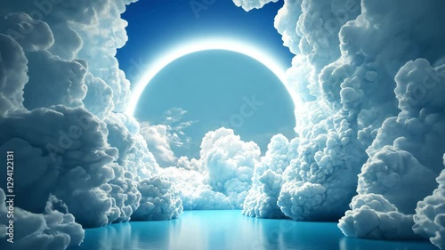 Abstract animation, blue background with arch and clouds. Sky arch, tunnel with clouds.