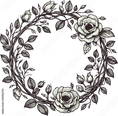 PNG Hand drawn botanical illustration vintage floral wreath of wild flowers, roses buds, engraved black and white frame, decorative elements of plants, blossom pattern, blooming rose sketch branches 