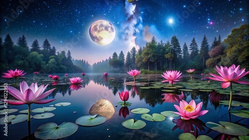Magical Night Bloom: Pink Lotus Flowers & Full Moon Panoramic