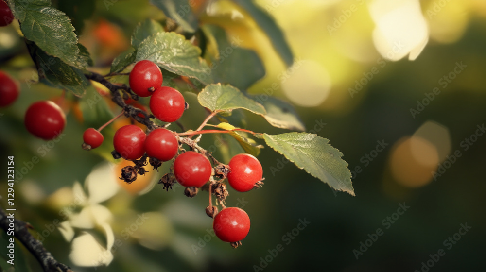 Obraz premium Vibrant red berries adorned on lush green branches showcasing nature's beauty during golden hour
