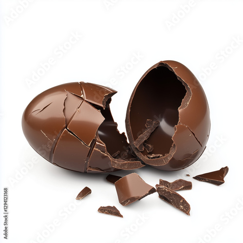 Open broken chocolate Easter egg isolated on white background with clipping path.
