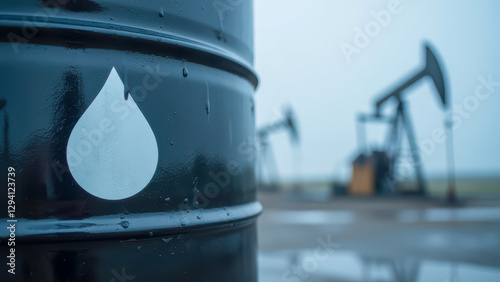 Black oil barrel in foreground with water droplets, oil pump jacks in background under cloudy sky, industrial setting, energy production scene photo