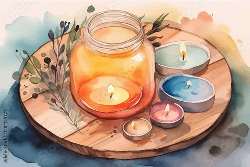 Watercolor background with candle. Vector illustration.