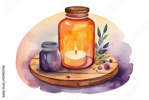 Watercolor background with candle. Vector illustration.