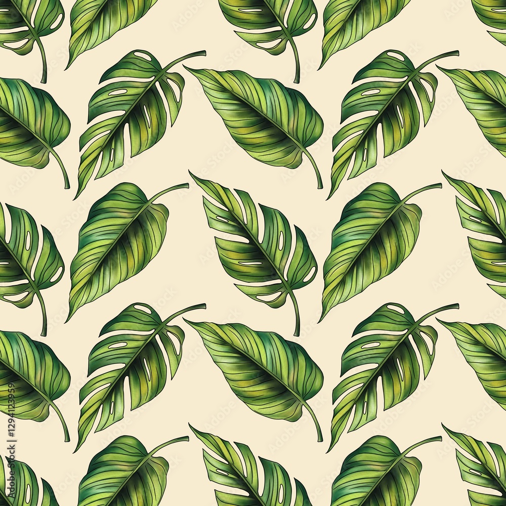 Monstera and Jungle Leaves Seamless Pattern on Pastel Yellow Background Monstera and Jungle Leaves Seamless Pattern on Pastel Yellow Background