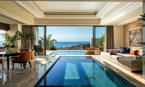 Wallpaper Mural A luxurious interior view showcasing a modern living space with a pool, overlooking a scenic coastal landscape. Torontodigital.ca