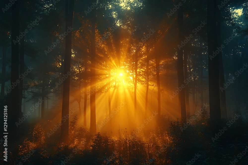 Fototapeta premium Bright Sunlight Beaming Through Forest Trees With Hazy Atmosphere