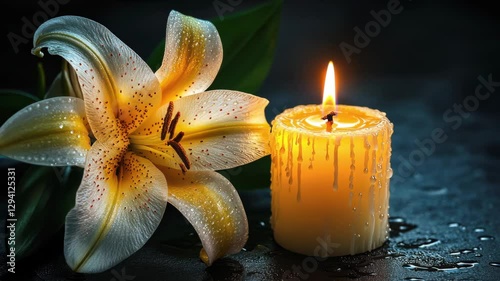 Burning candle and white lily. Symbol of grief and memory. Funeral flower.
