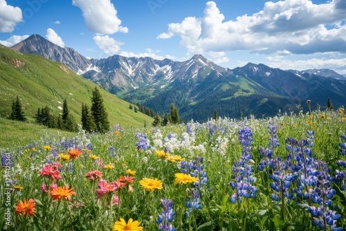 Stunning mountain scenery featuring colorful wildflowers in a peaceful meadow environment