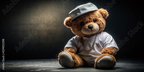 Cool Teddy Bear Gangster Style, White Cap, Black Background Stock Photo