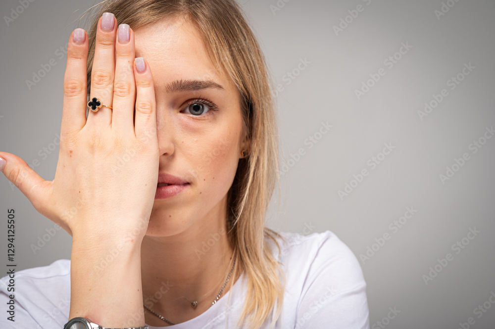 Portrait of a young, emotional girl, woman covering one eye with her hand, distrust, hiding. Concept of mystery, self-expression, fashion and beauty jewelry Portrait of a young, emotional girl, woman covering one eye with her hand, distrust, hiding. Concept of mystery, self-expression, fashion and beauty jewelry