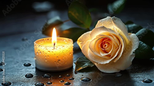 Burning candle and white rose. Symbol of grief and memory. Funeral flower.