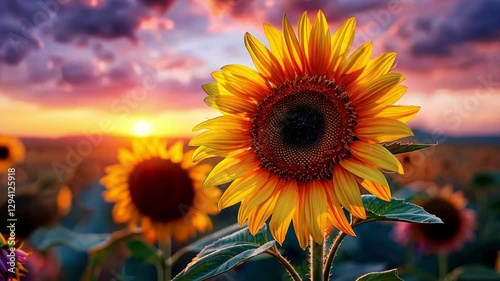 A field of blooming sunflowers against a bright sky.