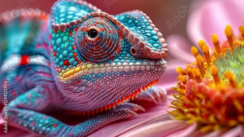 Bright multi-colored chameleon and flower.