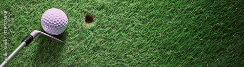 Golf ball positioned near hole on lush green grass during a sunny day