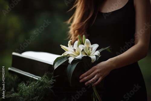 A grieving woman holding white lilies at a funeral. photo