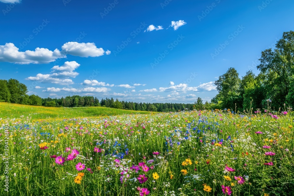 Sunny spring meadow filled with colorful wildflowers beneath a bright blue sky and rich green grass for nature lovers and landscape photography enthusiasts Sunny spring meadow filled with colorful wildflowers beneath a bright blue sky and rich green grass for nature lovers and landscape photography enthusiasts