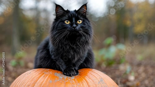 Cat and pumpkin. Black cat sitting on a big pumpkin. Conceptual background of the autumn season. Halloween and Thanksgiving.