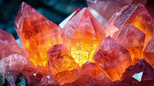 Cluster of red and yellow crystalline minerals. Precious natural minerals. Crystal shine.