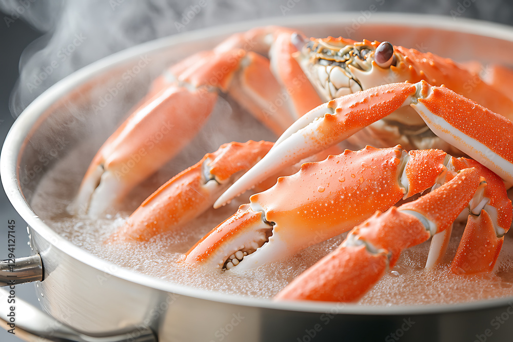 Crab legs boiling: fresh seafood cooking for a tasty meal in a silver pot, steam rising. Preparing a delicious seafood dish at home. Crab legs boiling: fresh seafood cooking for a tasty meal in a silver pot, steam rising. Preparing a delicious seafood dish at home.