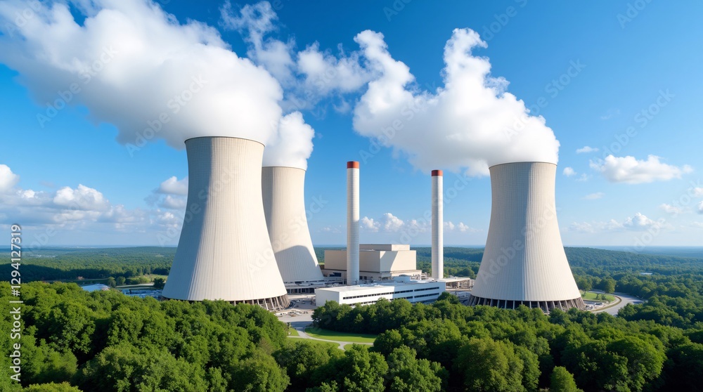 Imposing power plant towers emit steam against a vibrant blue sky, surrounded by lush green forest. A captivating aerial view. Imposing power plant towers emit steam against a vibrant blue sky, surrounded by lush green forest. A captivating aerial view.