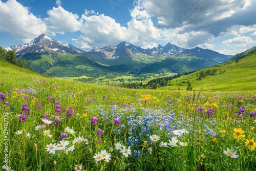 Serene mountain landscape showcasing lush meadows and colorful wildflowers  ideal for nature lovers and outdoor adventure seekers seeking tranquility and beauty