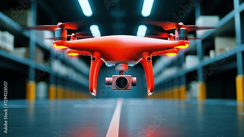 Modern drone with a camera, in an industrial building, monitoring the production process. Quality control and efficiency improvement technologies.