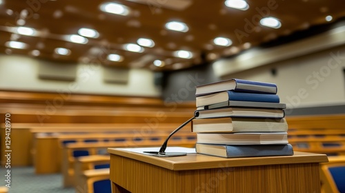 Stacked Books on Podium in Empty Courthouse with Wooden Accents