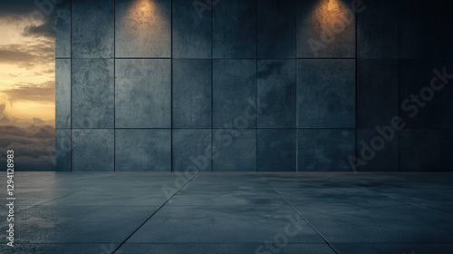 modern  industrial space with concrete walls and ambient lighting creates dramatic atmosphere