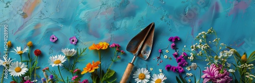 Vibrant garden trowel surrounded by colorful flowers on a blue background