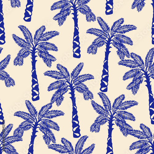 Tropical seamless pattern with hand drawn palm trees. Hawaiian florals summer background for fabric, textiles, clothing, poster, cover, decoration, banner, wallpaper, interior. Vector illustration.