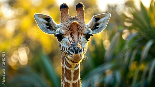 Portrait of a giraffe against a background of tropical plants. Giraffe in the wild.