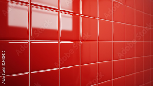 Glossy red tiles arranged neatly in a grid pattern  reflecting light and creating a vibrant  modern texture.
