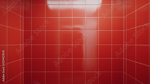 A close-up view showcases a space enclosed by vibrant red square tiles, arranged in a grid pattern with light-colored grout lines. The glossy surface adds depth.