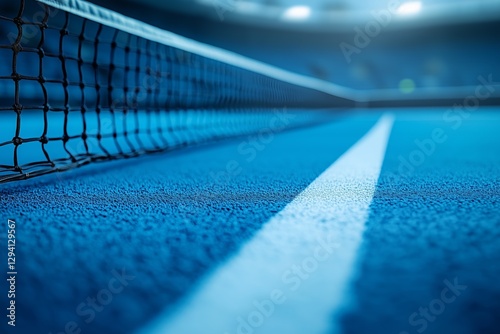 Dynamic perspective of a blue tennis court and net, capturing the textured surface and vibrant lines in an empty arena.