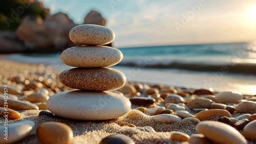 A stack of sea stones against the background of sea waves. Smooth stones stacked on top of each other against the background of the beach and sea.