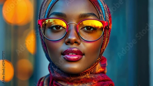 Portrait of a young woman in stylish glasses and a bright hijab. The beauty of tradition in a modern style.	
