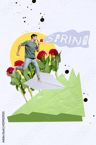 Composite collage trend artwork template design of young man talk spring megaphone travel paper plane holiday bouquet flora plant nature photo
