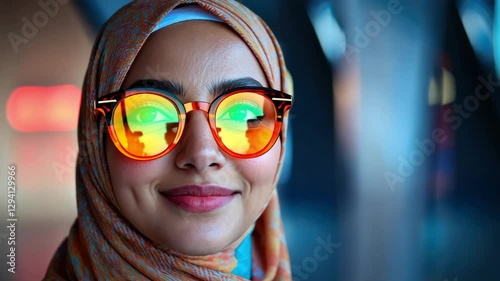 Portrait of a young woman in stylish glasses and a bright hijab. The beauty of tradition in a modern style.	
