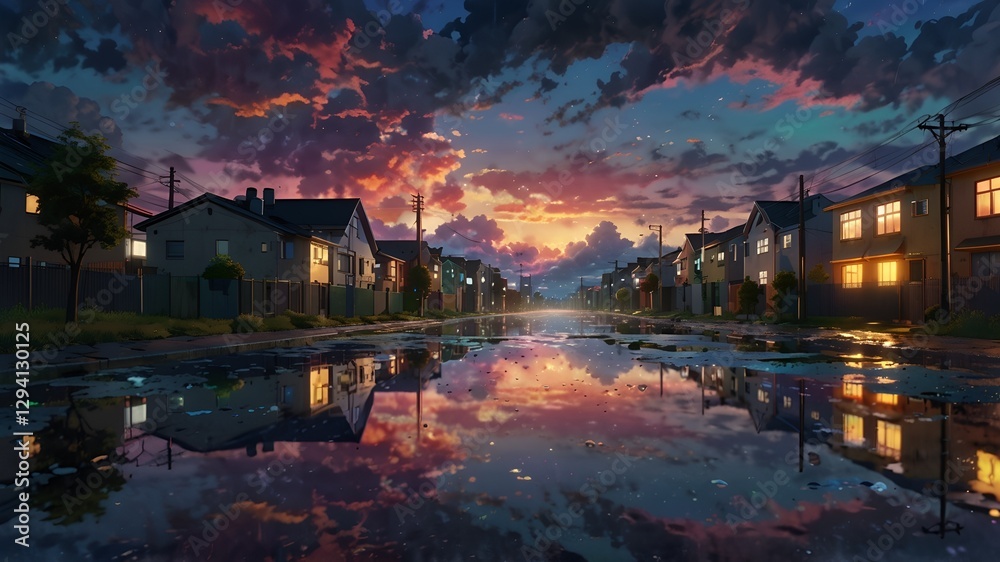 Fototapeta premium 🌈 8K Ultra HD Anime Scenery – Magical Dusk Alley with Reflective Puddles, Vibrant Rainbow Clouds & Dreamy Fantasy Lights ✨