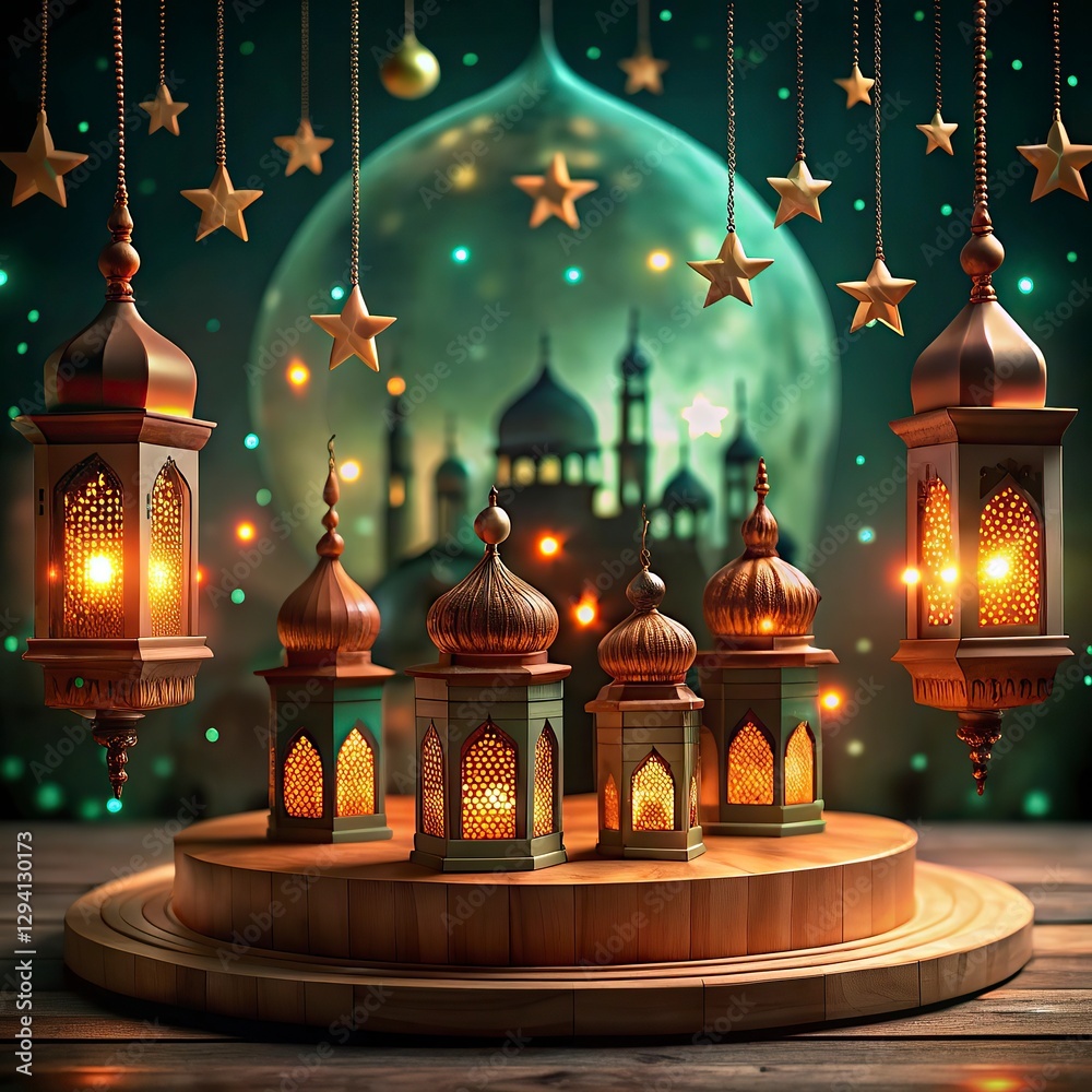 Obraz premium Ramadan Kareem background with mosque and arabic lanterns new background