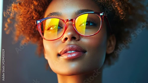 Young woman wearing stylish glasses for good vision. Stylish glasses for vision on a beautiful girl with a smile. Modern people.