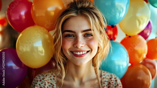 Portrait of a happy girl on the background of colorful balloons. Happy girl at a party with balloons.	