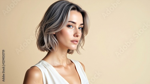 Stunning woman with short, wavy, light blonde hair, flawless makeup, and a cream-colored sleeveless top against a beige backdrop.