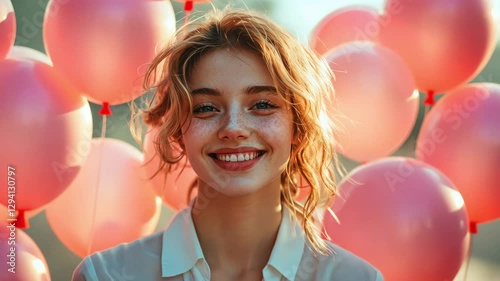 Portrait of a cute smiling girl on the background of pink balloons. Happy girl at a party with balloons. Woman celebrating her birthday.