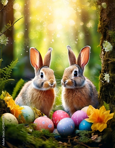 Wallpaper Mural lovely bunny in a botanical forest with spring flowers and Easter decorated eggs Torontodigital.ca