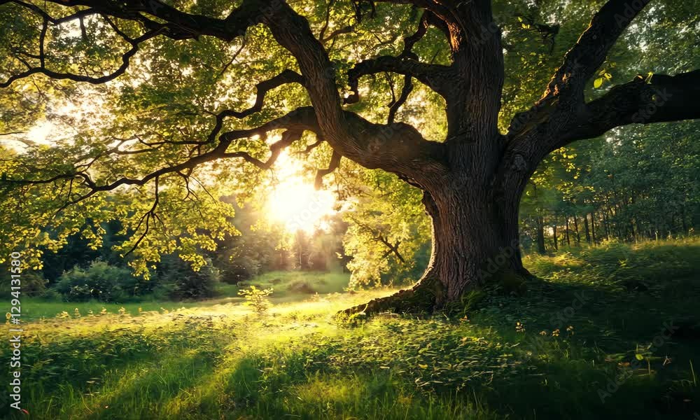 A majestic tree stands in a sunlit meadow, with sunlight filtering through its leaves, creating a serene and tranquil atmosphere in a lush green environment. A majestic tree stands in a sunlit meadow, with sunlight filtering through its leaves, creating a serene and tranquil atmosphere in a lush green environment.