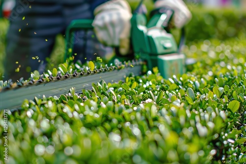 Gardener trims topiary using hedge trimmer in vibrant garden setting