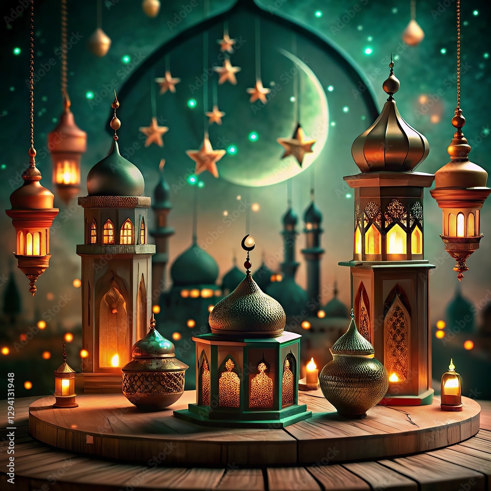 Obraz premium Ramadan Kareem background with mosque and arabic lanterns new background